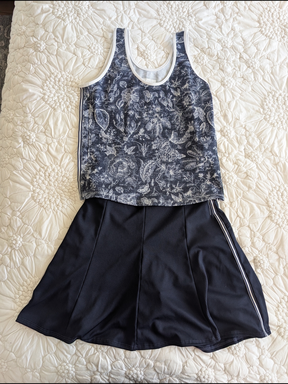 Lucky in Love Navy and White Floral Trim Tank Top And Skirt Set - Tennis, XS, S